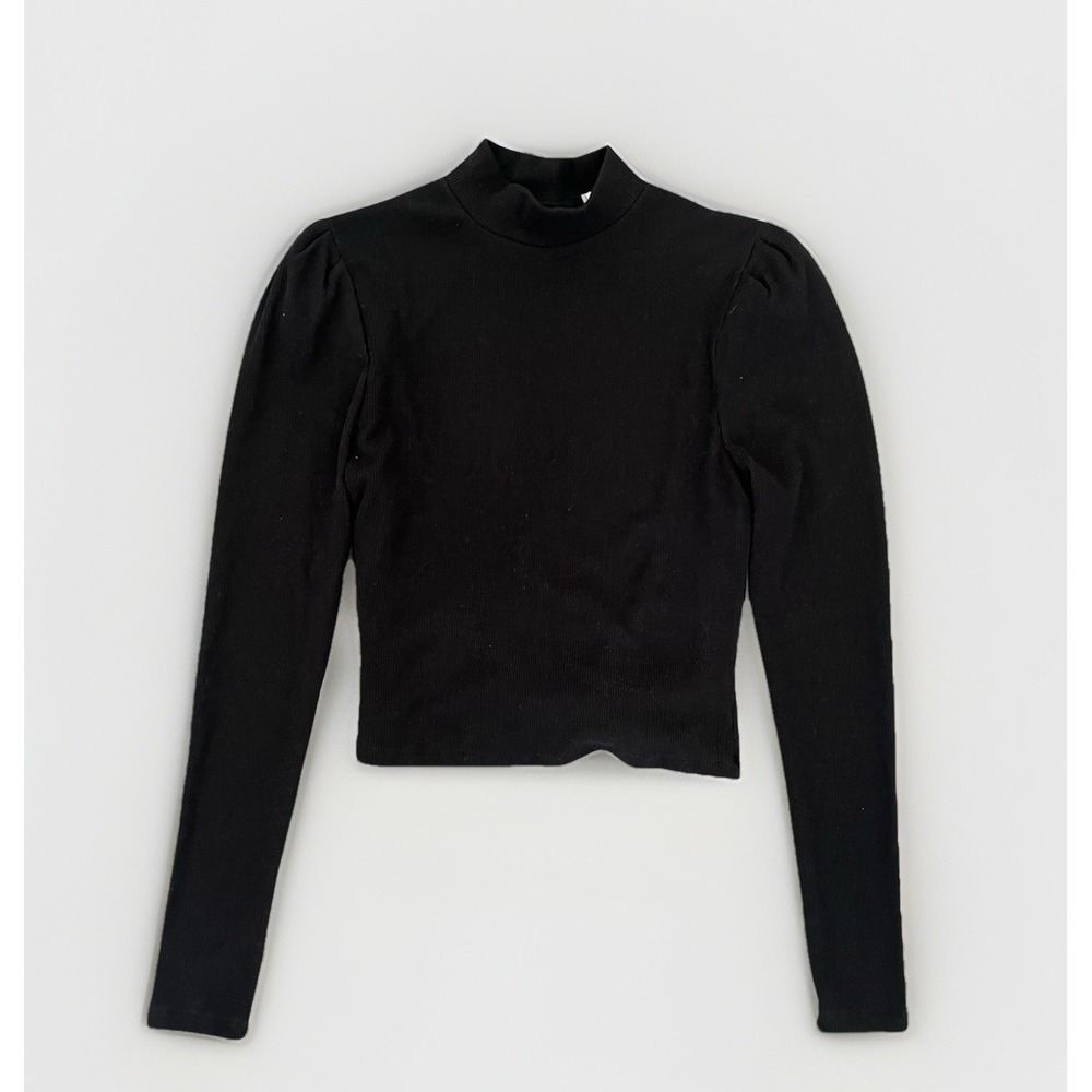 MIAMI Black Ribbed Knit Cutout Back Tie Long Sleeve Cropped Shirt Mock Neck S